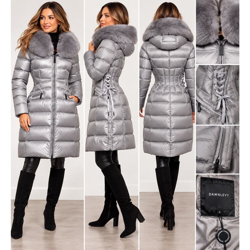 Dawn Levy Women’s S Silver Down Puffer Coat Fur Trim Hood Lace Up Long Jacket